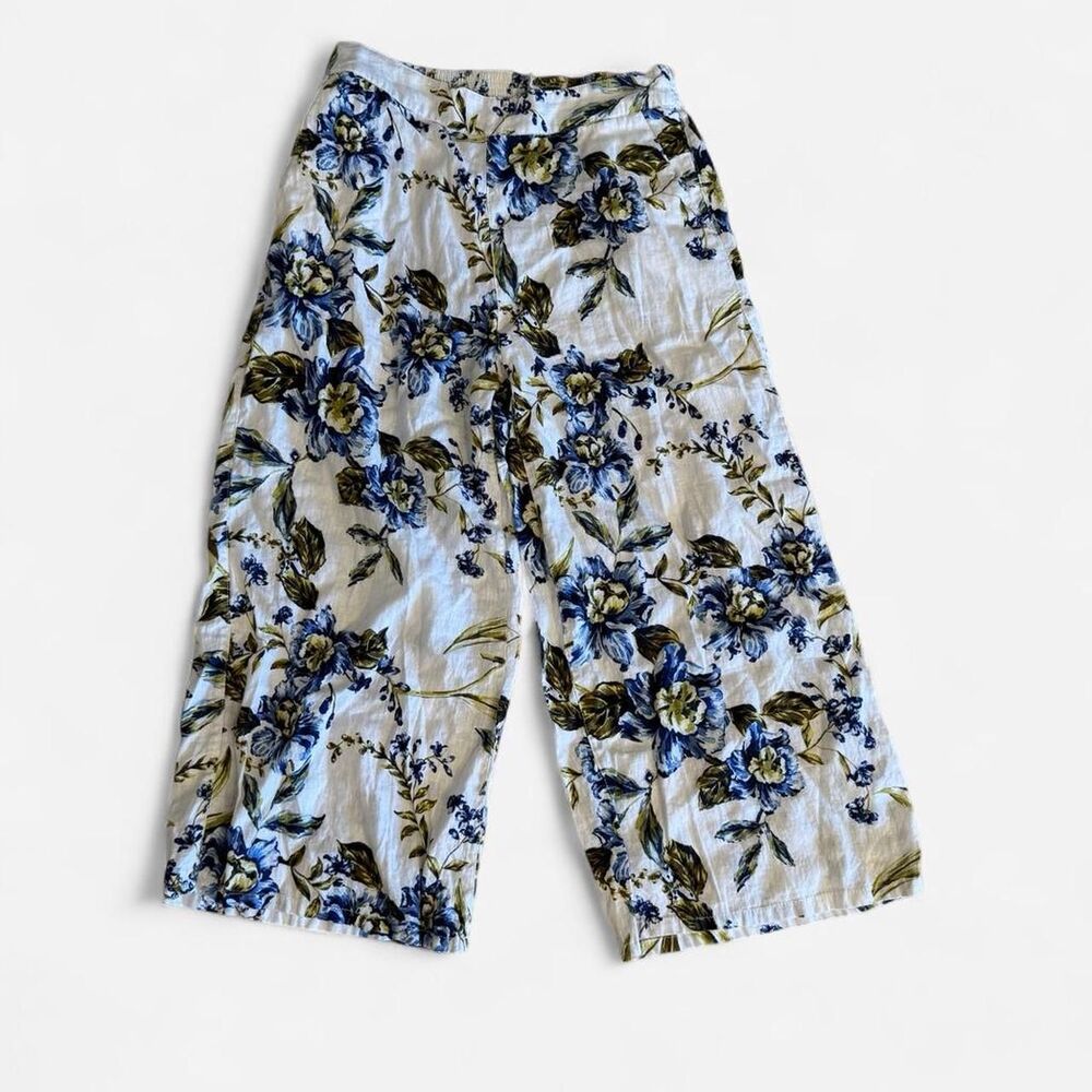 Joie wide leg crop 100% linen floral linen pants pull on with elastic waistband